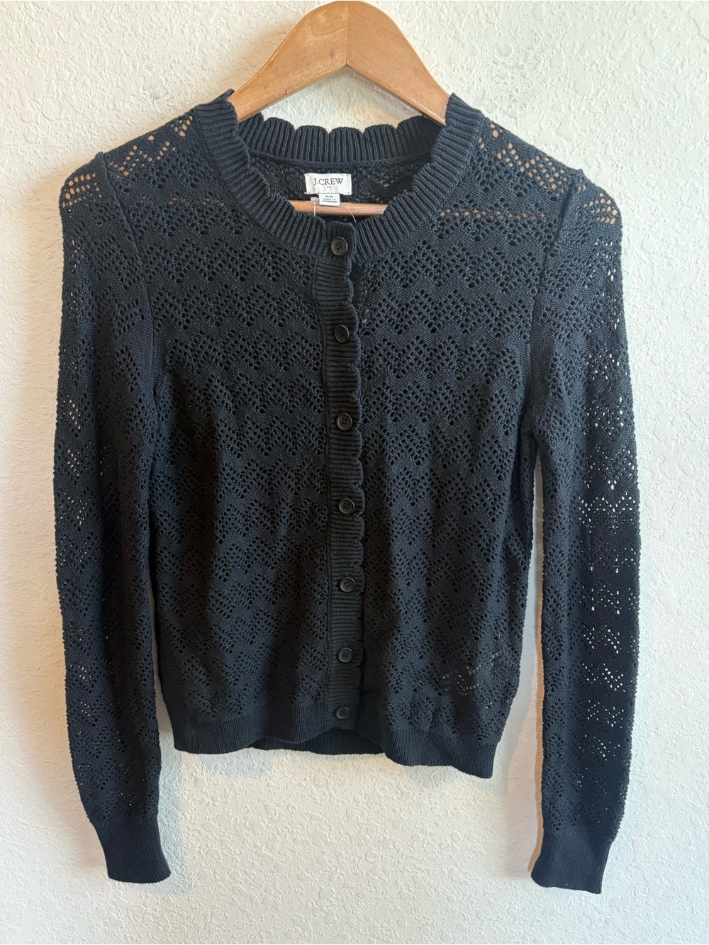 J.Crew black pointelle-knit cardigan crew neckline front button closure XS NWT